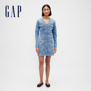 Gap 女裝 V領長袖牛仔洋裝-中度水洗(843755)