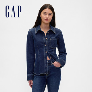 Gap 女裝 翻領長袖牛仔襯衫-深色水洗(843564)
