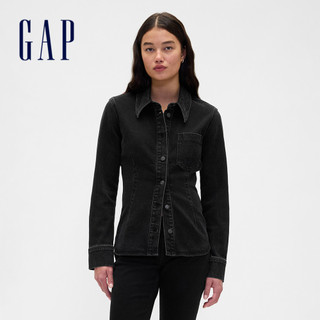 Gap 女裝 翻領長袖牛仔襯衫-水洗黑(843563)