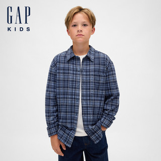Gap 男童裝 翻領長袖襯衫-藍色格紋(843514)