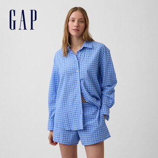 【Gap】泡泡紗格紋寬鬆襯衫-淺藍格紋(896327)