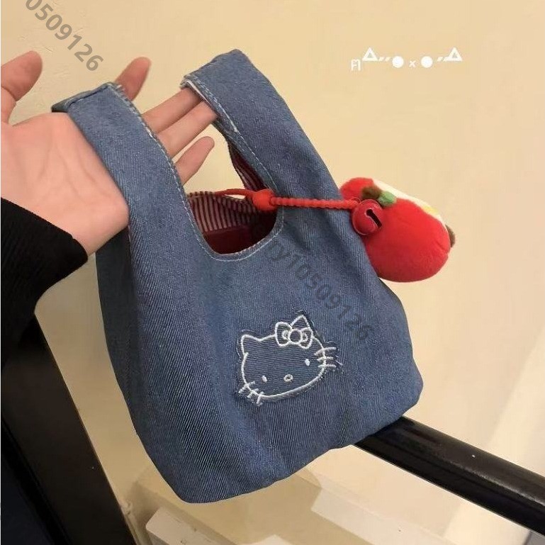 Kitty手提包 可愛牛仔kitty提袋刺綉拎包便攜收納小包包 Kitty收納包 kitty化妝包 kitty 包包sd