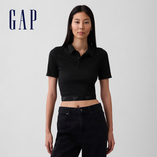 【Gap】羅紋短版 Polo 衫-黑色(899225)