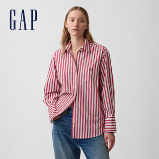【Gap】有機棉寬版襯衫-紅白條紋(799379)