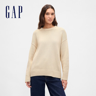 Gap 女裝 純棉圓領長袖針織衫-米色(820732)