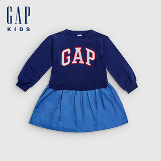 Gap 女幼童裝 Logo刺繡假兩件圓領長袖洋裝-海軍藍(801032)