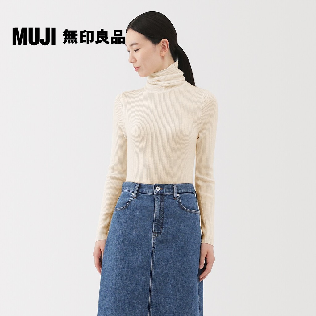 【MUJI 無印良品】女水洗羊毛高密織螺紋高領針織衫