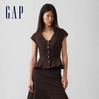 【Gap】貼身牛仔荷葉邊上衣-大地棕(913928)