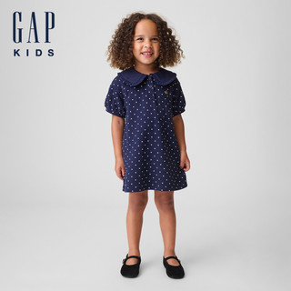 【Gap】嬰兒及幼兒法式毛圈布圈領印花洋裝-藍底白點(912111)