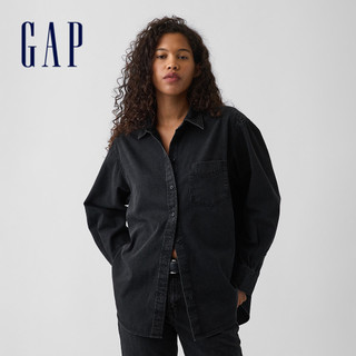 【Gap】寬版牛仔襯衫-黑色水洗(913922)