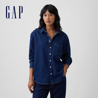 【Gap】寬版牛仔襯衫-深色水洗(907378)