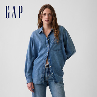 【Gap】寬版牛仔襯衫-中度水洗(913917)
