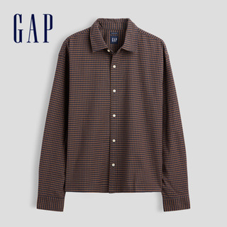 【Gap】寬鬆短款直版牛津襯衫-棕藍格紋(909177)