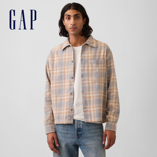 【Gap】寬鬆版直下擺法蘭絨襯衫-米灰格紋(910213)