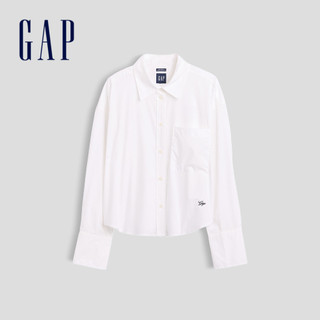【Gap】有機棉府綢寬鬆短版襯衫-白色(910042)