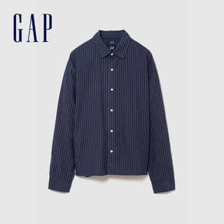 【Gap】寬鬆短款直版牛津襯衫-藍白條紋(909177)