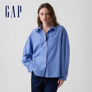 【Gap】府綢寬版襯衫-藍紅條紋(912045)