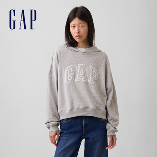 【Gap】休閒短版Gap Logo毛圈布連帽上衣-淺麻灰(911052)