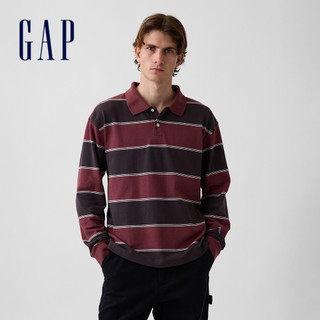 【Gap】寬鬆版PK布Polo衫-酒紅條紋(907249)