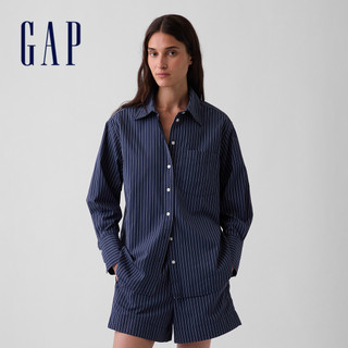 【Gap】有機棉府綢寬大襯衫-深藍條紋(910044)