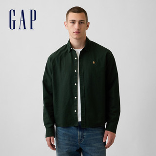 【Gap】寬鬆短款直版牛津襯衫-深墨綠(909177)