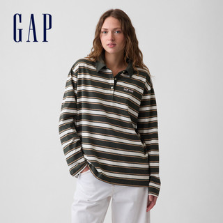 【Gap】超寬鬆條紋Polo衫-墨綠黑(911315)