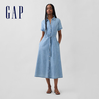 【Gap】牛仔綁帶腰中長版襯衫洋裝-淺色水洗(877705)