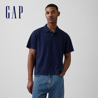 【Gap】寬鬆PK布短款Polo衫-海軍藍(867536)