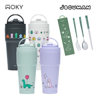 【蝦皮直營特選】WOKY 沃廚 JOGUMAN聯名-雙層陶瓷渾圓杯750ml+按壓式餐具組