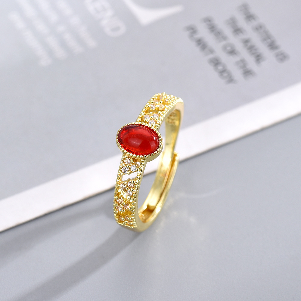 １PCS仿天然紅玉髓鍍金鑲鋯石時尚輕奢氣質寬版戒指指環女
