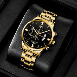 商務時尚男士鋼帶手錶三眼日曆石英錶簡約刻度男生腕錶