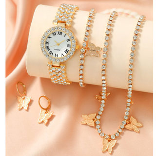 5件女士手錶 手錶套裝 金色銀色 蝴蝶飾品套裝