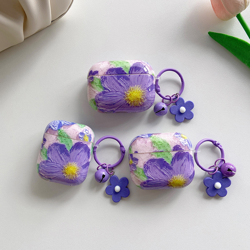 紫色油畫花適用airpods Pro保護套3代掛飾蘋果2代藍牙耳機軟殼