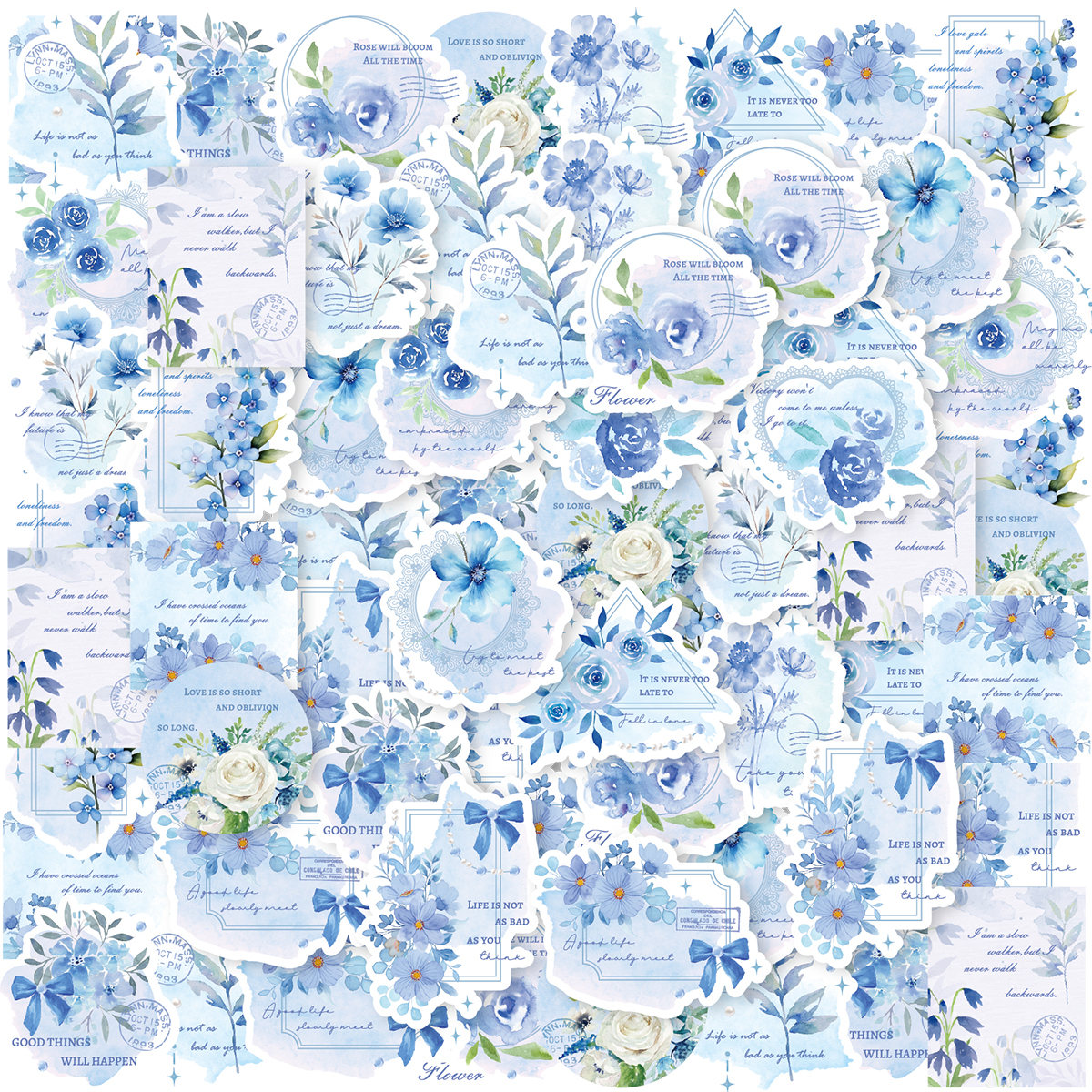 30個裝可愛復古植物碎冰藍玫瑰花朵pvc貼紙袋硫酸紙信封學生diy文具裝飾貼紙