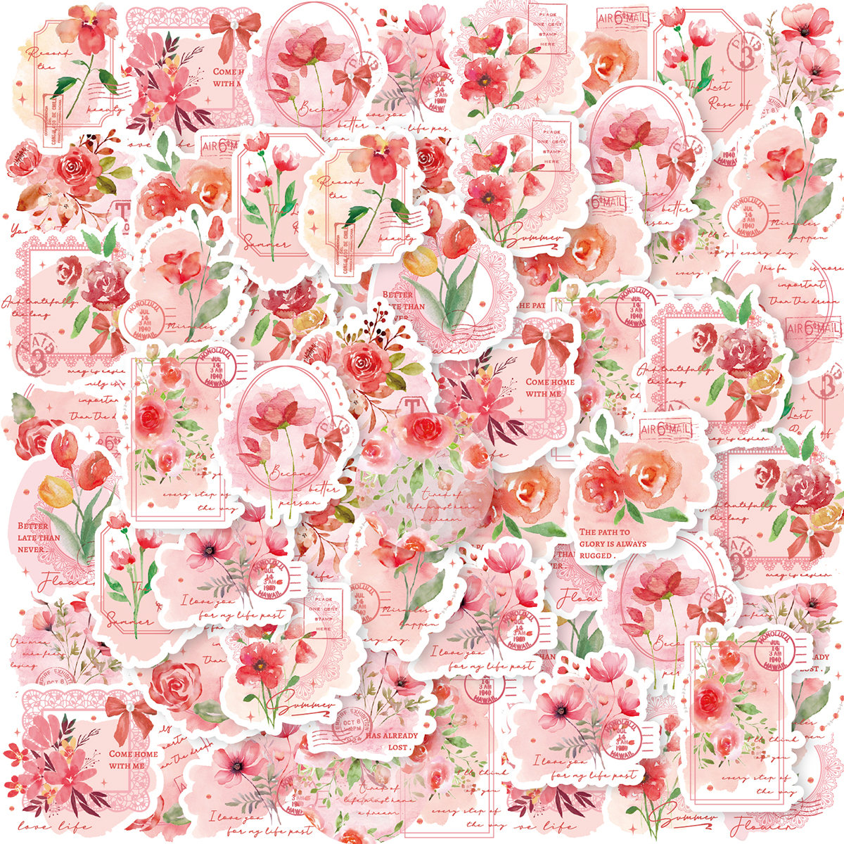 30 件裝可愛復古植物花卉粉紅玫瑰 PVC 貼紙袋硫酸紙信封學生 DIY 文具裝飾貼紙適用於日記、杯子、筆記本電腦、剪貼