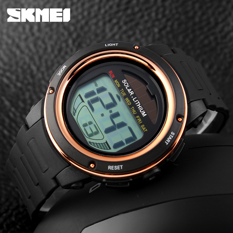 Skmei 1096 男士太陽能 PU 錶帶手錶男士計時碼表鬧鐘 5Bar 防水數字手錶 reloj hombre 戶外