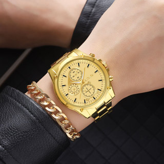新款商務男士不鏽鋼帶手錶大表盤三眼金色潮男石英錶