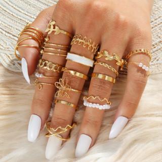 21PCS葉子滴膠螺旋珍珠戒指時尚設計鏤空珠寶首飾