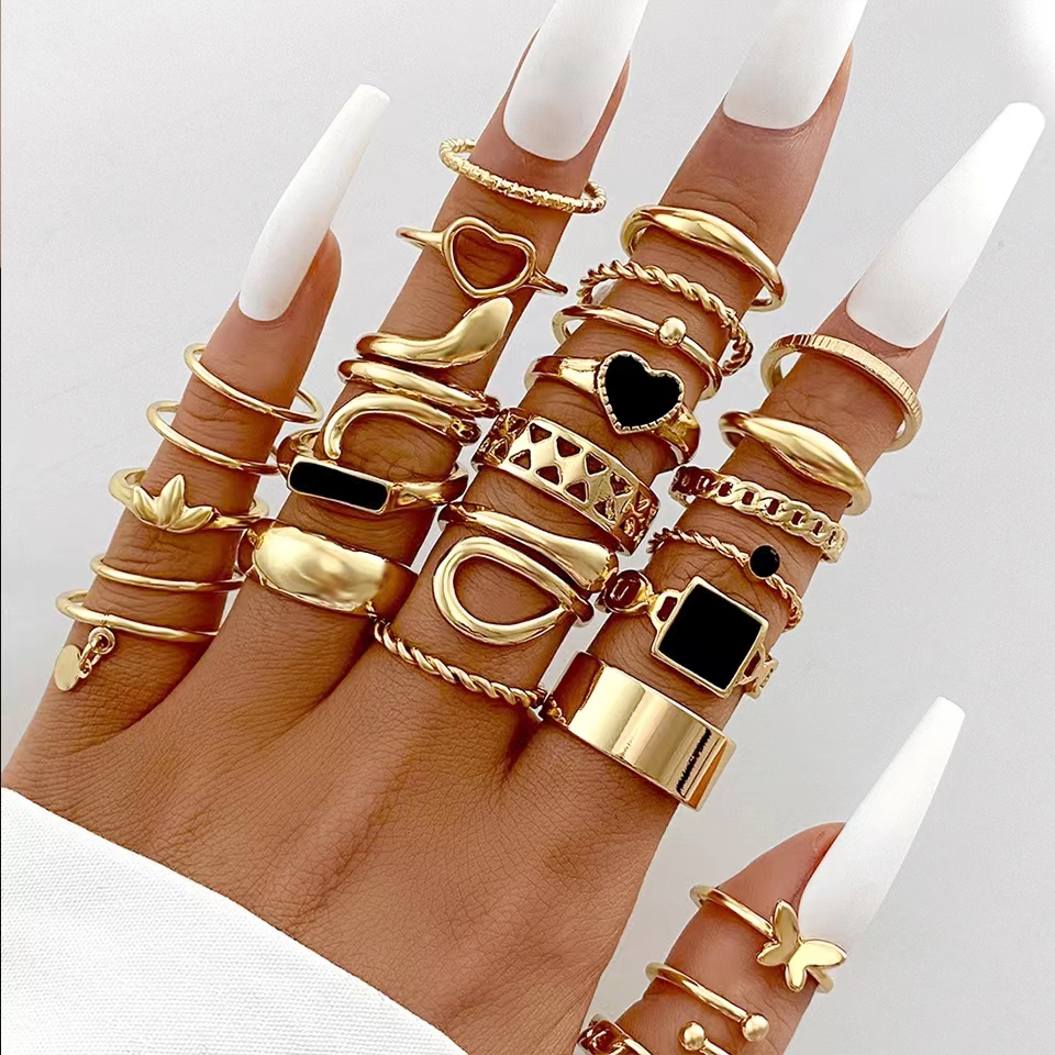 復古心形蛇戒指套裝女士金屬鍍金 Hellow 手指戒指時尚首飾