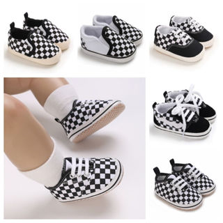 0-18個月男孩女孩帆布鞋黑白格紋嬰兒步行鞋