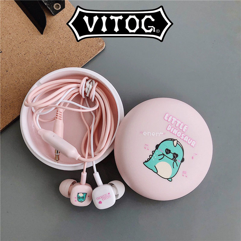 Vitog新款入耳式耳機帶3.5mm麥克風插孔卡通恐龍耳機立體聲恐龍收納盒女兒兒童成人有線耳機