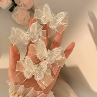 仙女白色蕾絲蝴蝶髮夾多層薄紗蝴蝶結珍珠女孩和學生