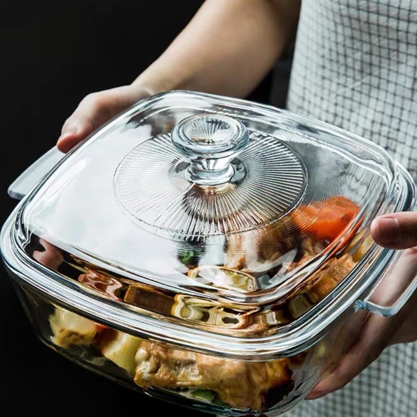 圓形玻璃煲微波方形鋼化烤盤玻璃透明帶蓋食物儲存