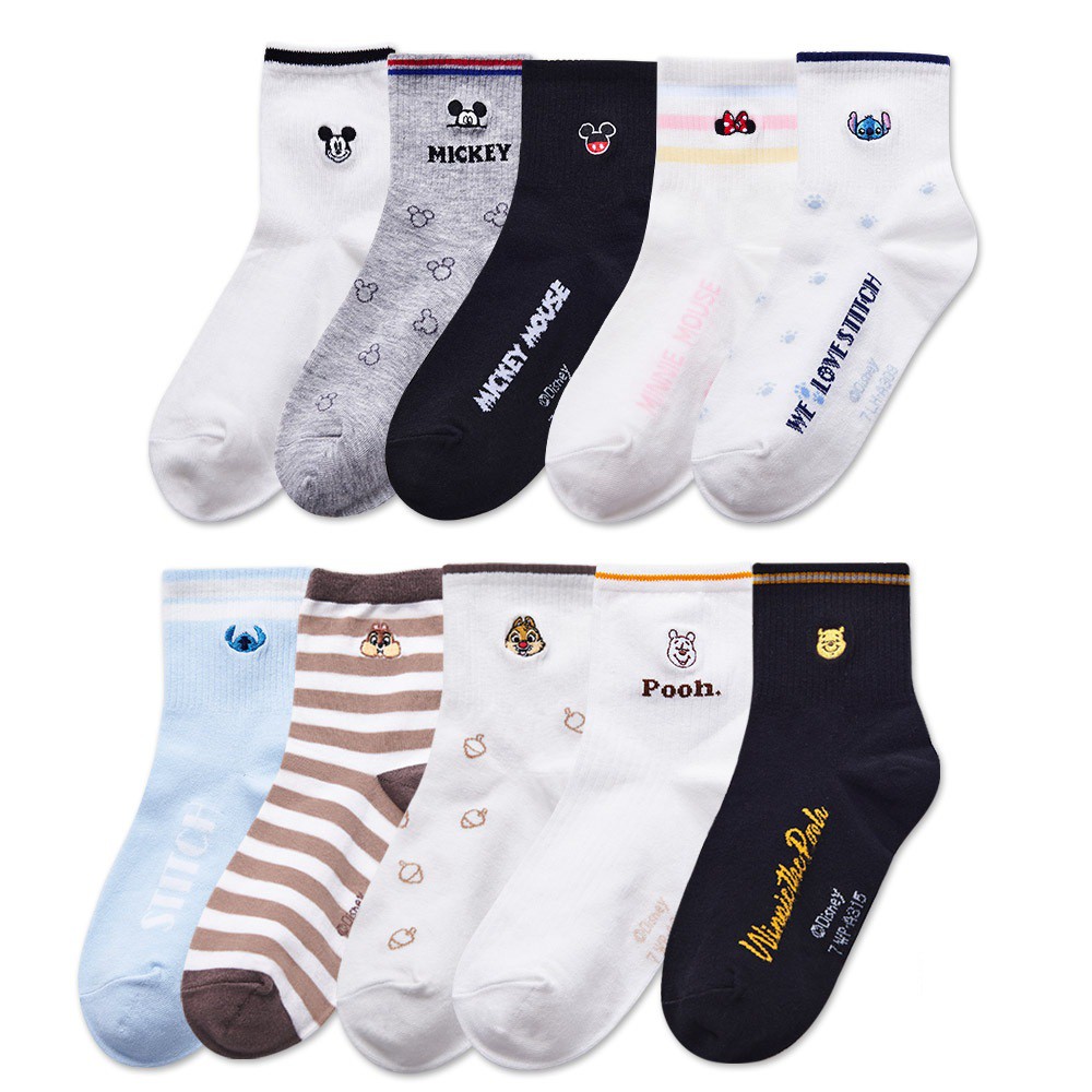 【蝦皮直營】迪士尼電繡系列中筒襪 女長襪 小熊維尼 史迪奇 棉襪 百搭女襪 (22-26cm) CD-A312