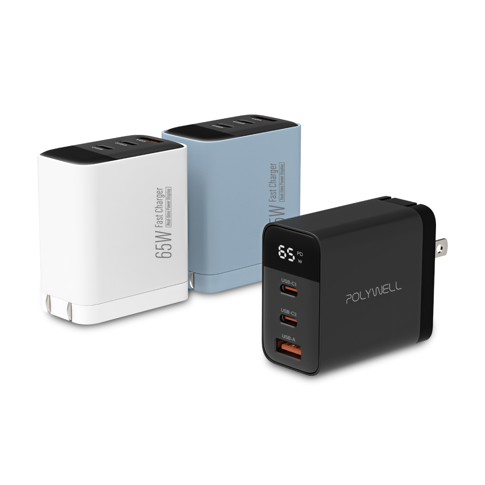 【蝦皮直營】POLYWELL 65W數顯氮化鎵充電器 三孔 USB A+Type C 蘋果 PD 快充 充電頭 快充頭
