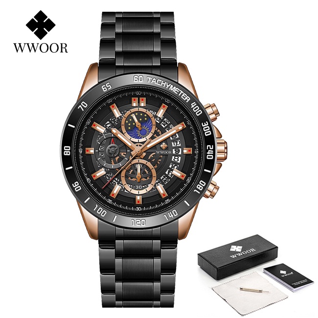 Wwoor 時尚男士手錶豪華自動日期石英鐘不銹鋼 30ATM 防水男士手錶-8846