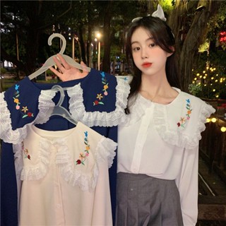 佰分佰/150kg內可穿/刺繡娃娃領花邊襯衫/春秋款/寬鬆/遮肉/顯瘦/百搭/長袖上衣/大尺碼