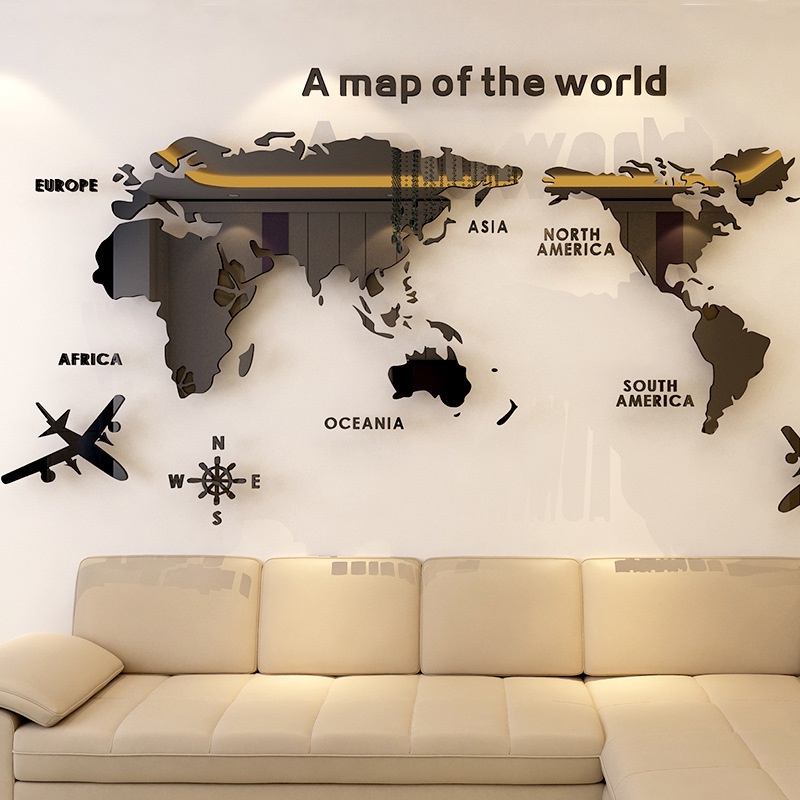 【歐尚品】世界地圖創意家居背景牆貼亞克力3d立體牆貼餐廳客廳電視背景世界地圖 水晶效果時鐘配套牆面裝飾