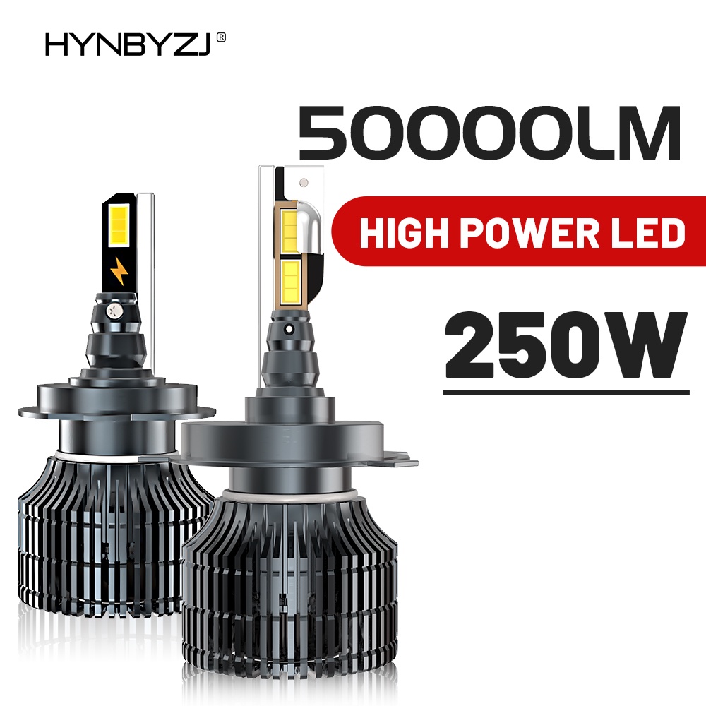 Hynbyzj 2PCS 250W H7 H4 H11 LED 汽車大燈燈泡 50000LM H1 H8 大燈 HB3