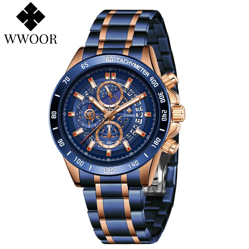 Wwoor 頂級夜光奢侈品牌男士手錶不銹鋼防水運動石英計時腕錶-8846